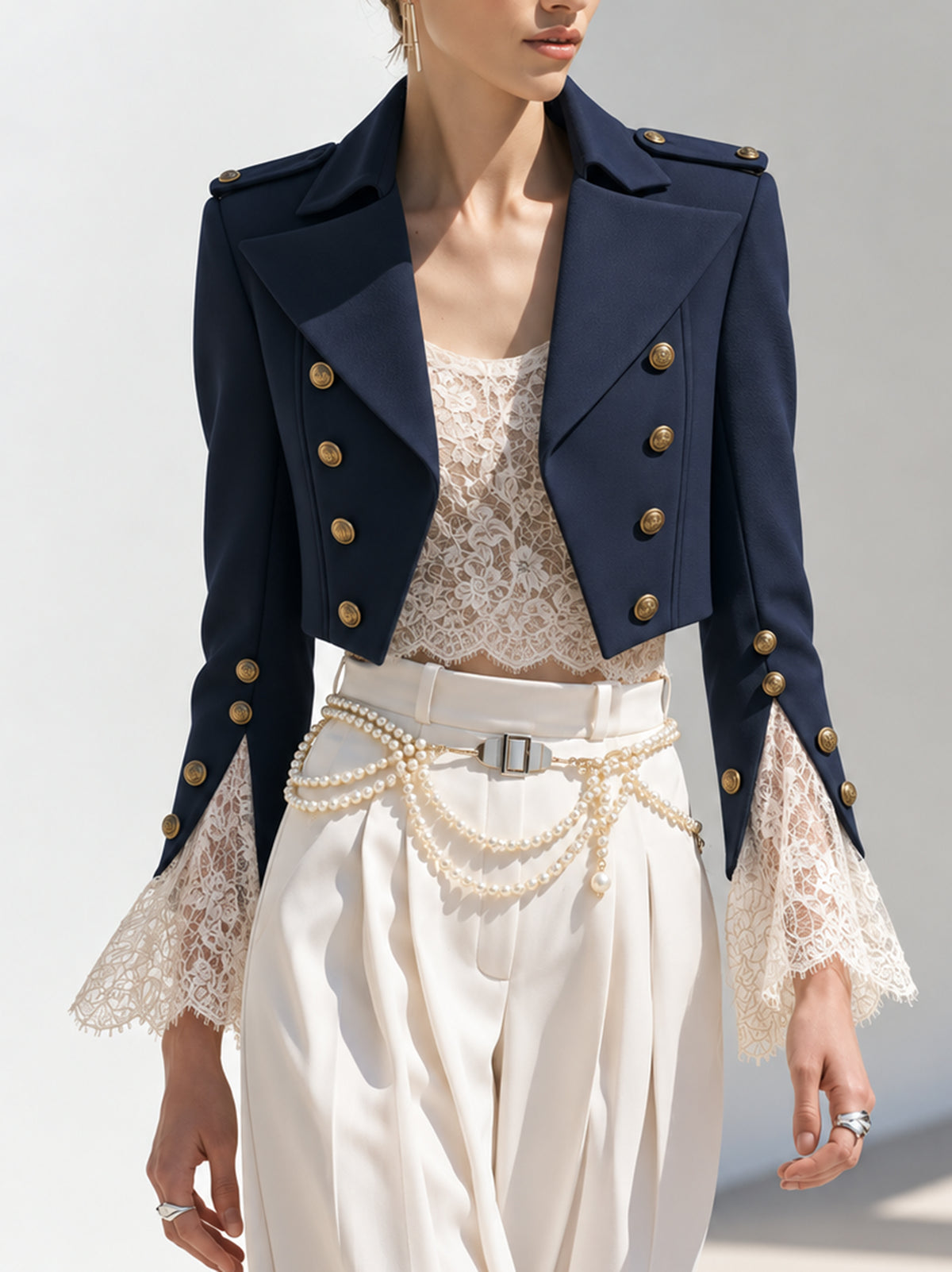 Navy Cropped Military Jacket With Gold Buttons And Epaulettes