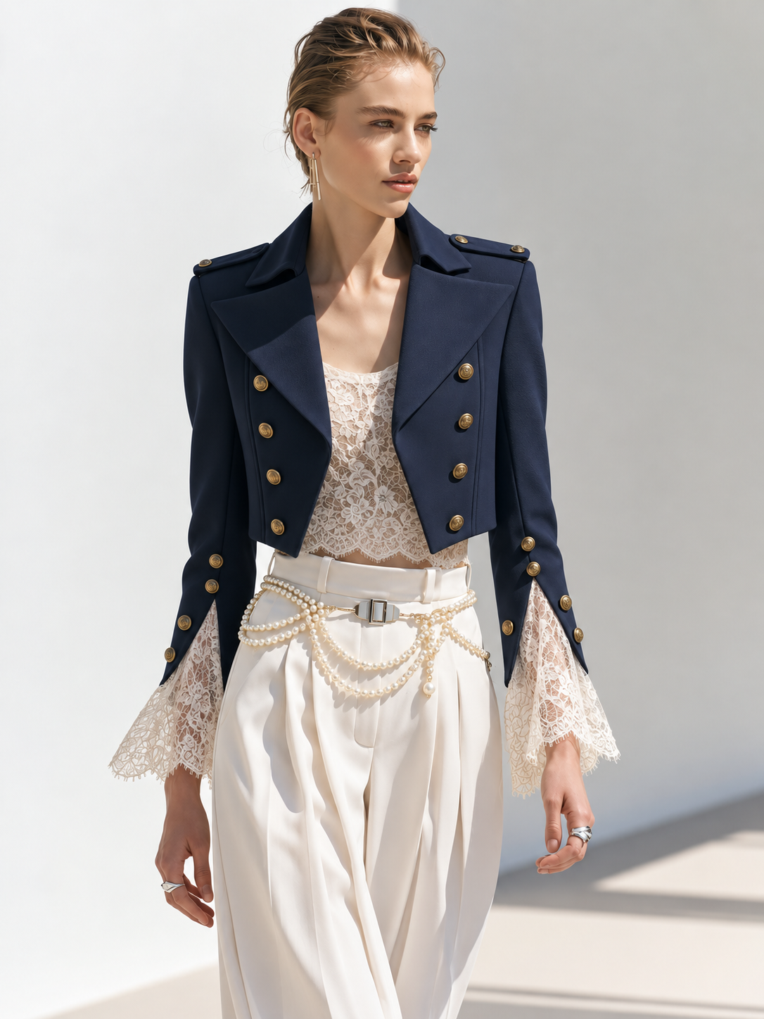 Navy Cropped Military Jacket With Gold Buttons And Epaulettes