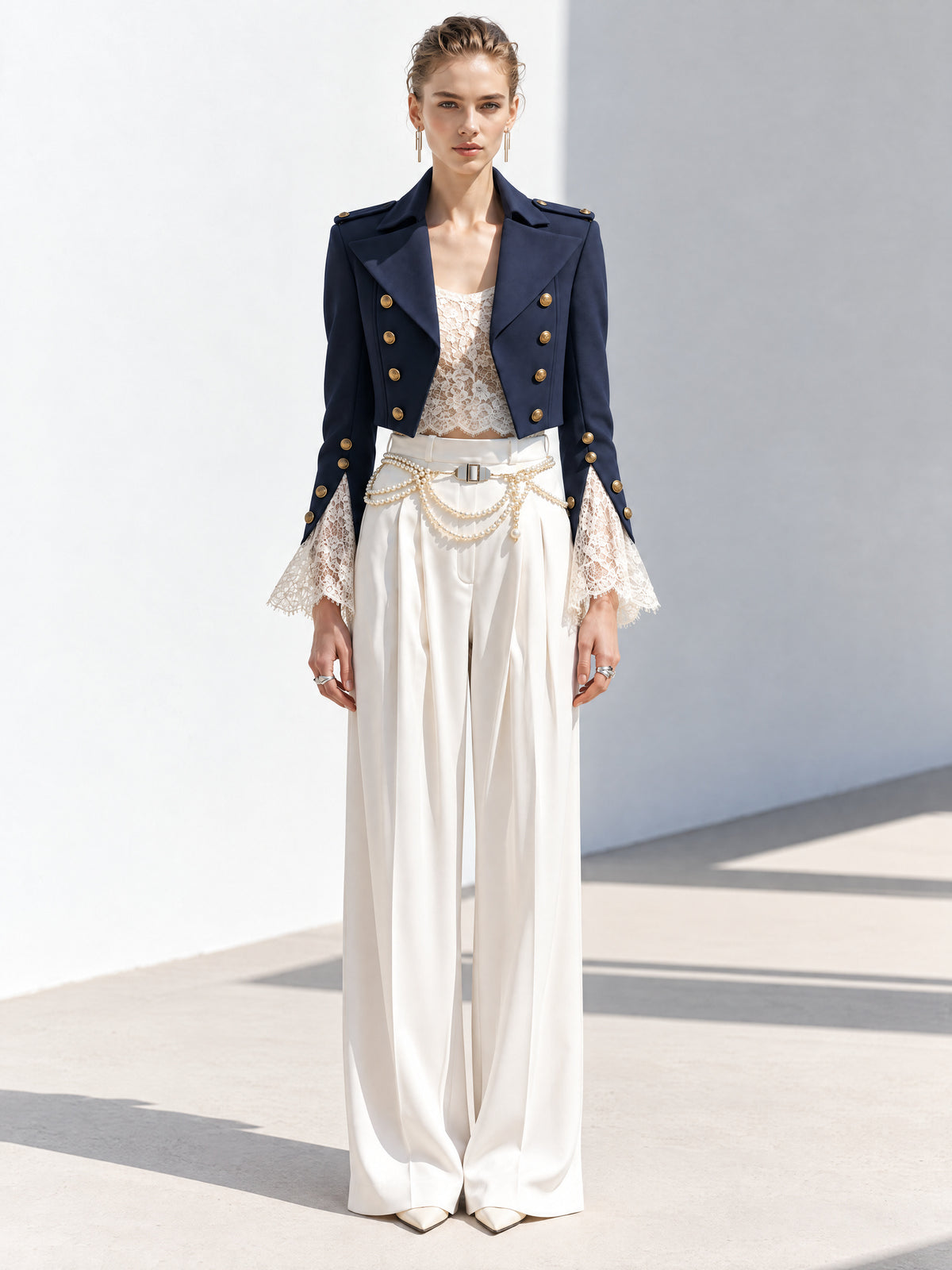 Navy Cropped Military Jacket With Gold Buttons And Epaulettes