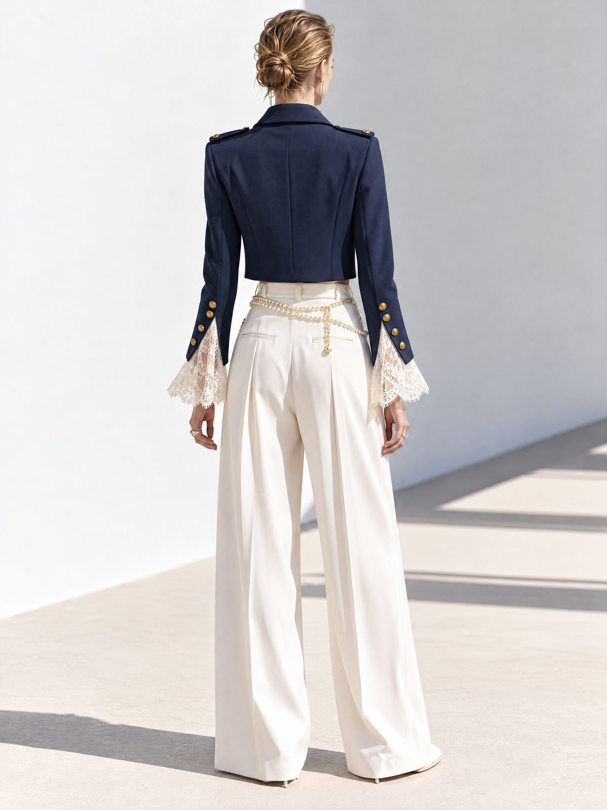 Navy Cropped Military Jacket With Gold Buttons And Epaulettes