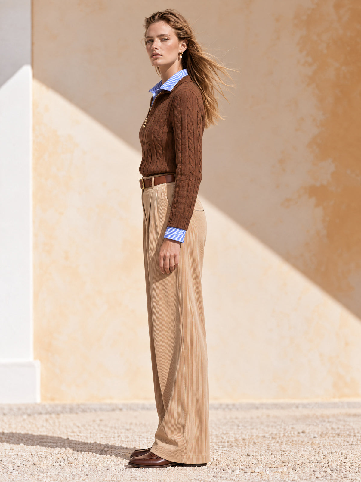 Brown Cable Knit Half-Zip Sweater With Stand Collar