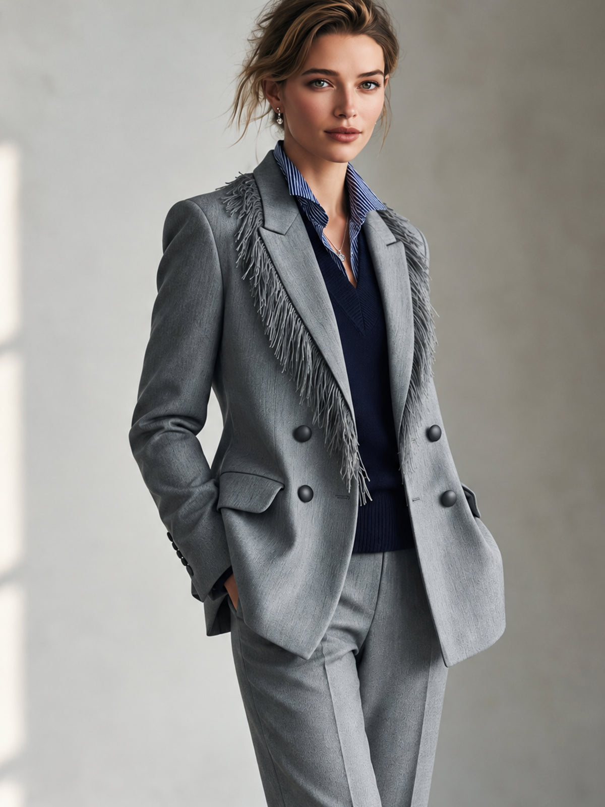 Double Breasted Grey Blazer With Feather Fringe Lapel