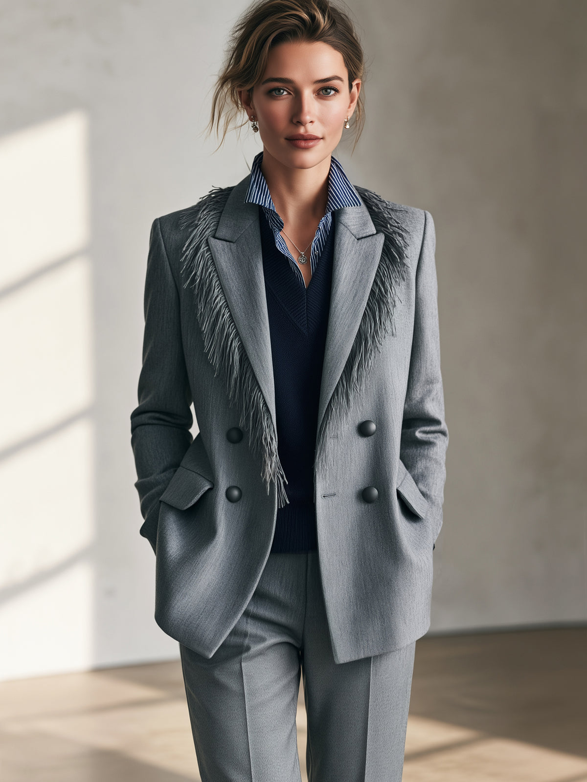 Double Breasted Grey Blazer With Feather Fringe Lapel