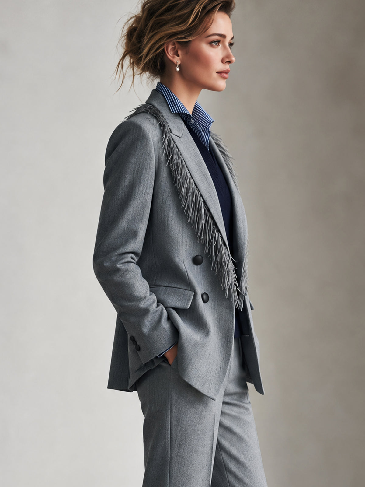 Double Breasted Grey Blazer With Feather Fringe Lapel