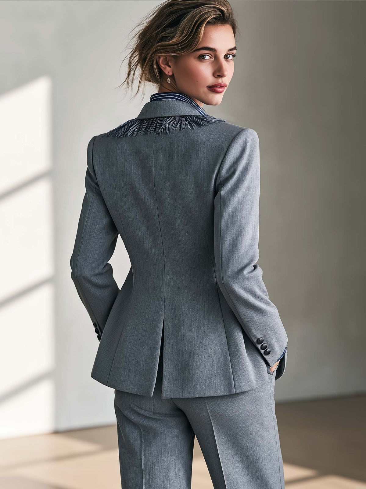 Double Breasted Grey Blazer With Feather Fringe Lapel