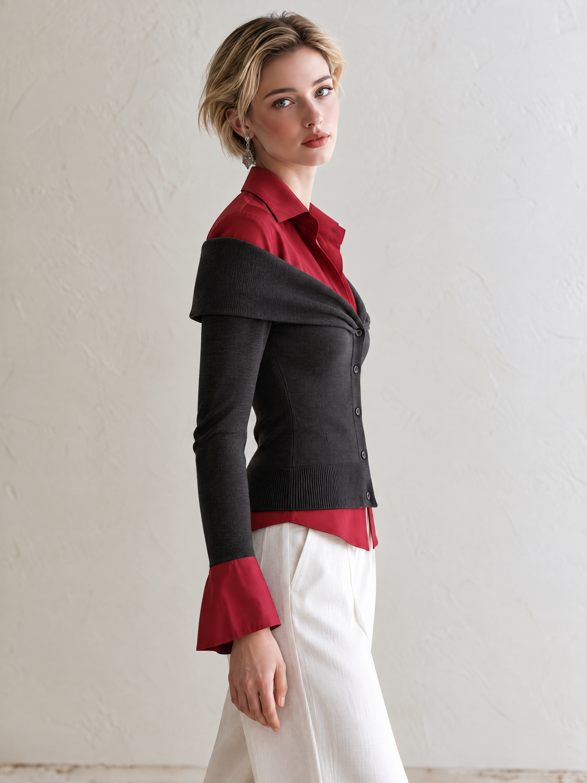 Elegant Charcoal Gray & Red Contrast Shirt-Collar Wool Knit Cardigan