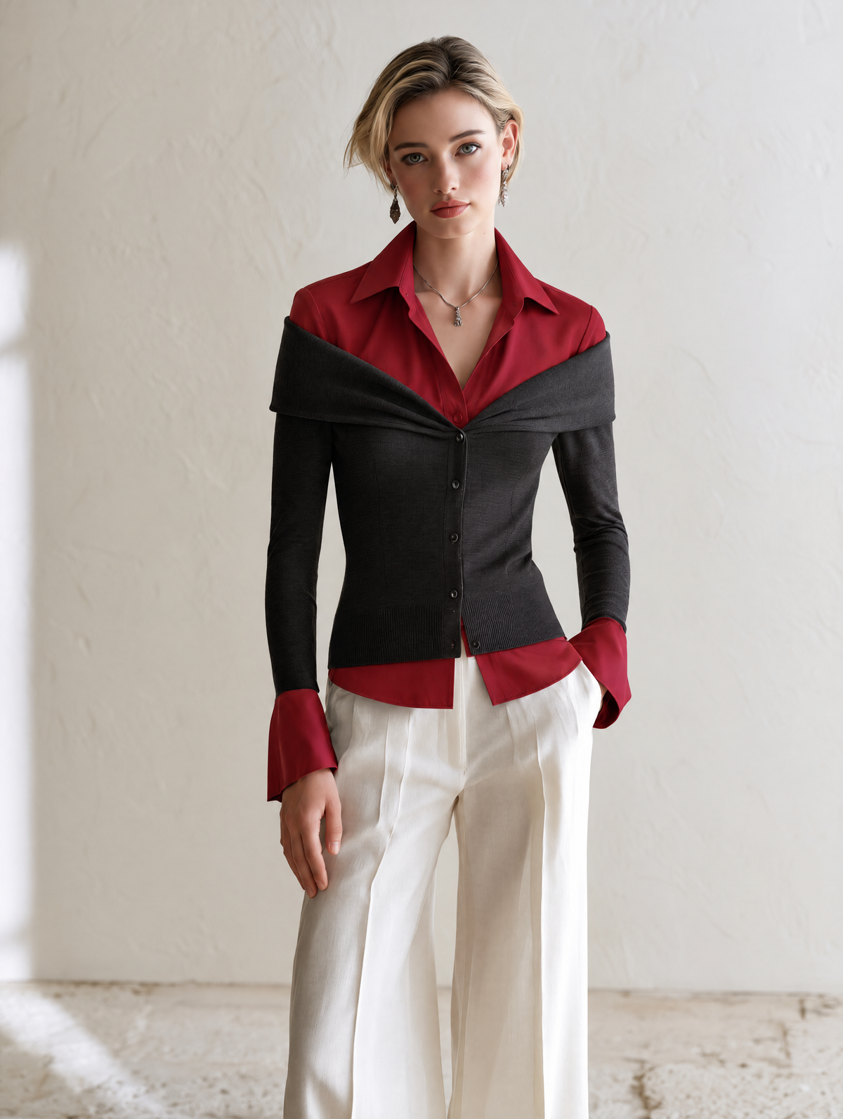 Elegant Charcoal Gray & Red Contrast Shirt-Collar Wool Knit Cardigan