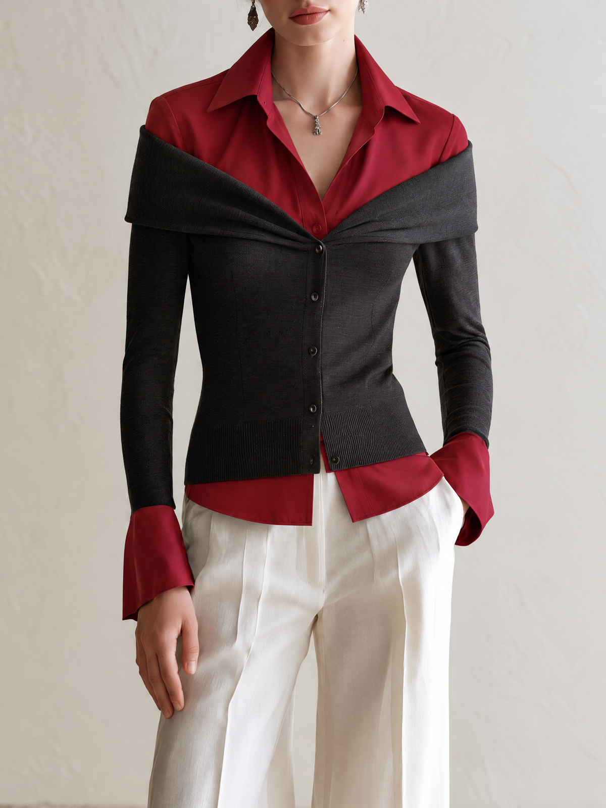Elegant Charcoal Gray & Red Contrast Shirt-Collar Wool Knit Cardigan