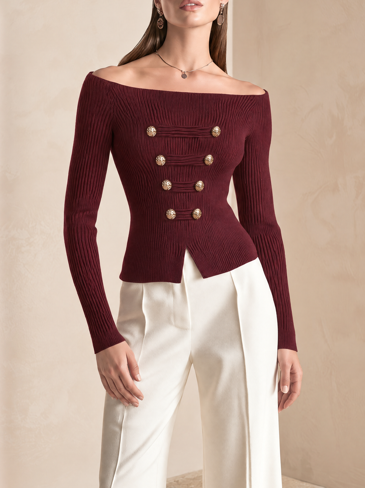Elegant Burgundy Metal-Tab Wool-Blend Knit Top