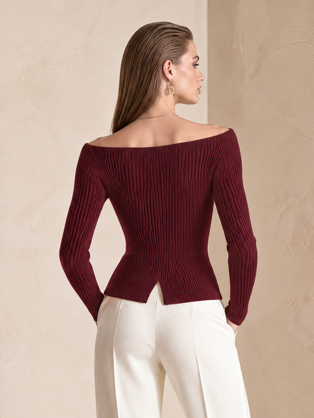 Elegant Burgundy Metal-Tab Wool-Blend Knit Top