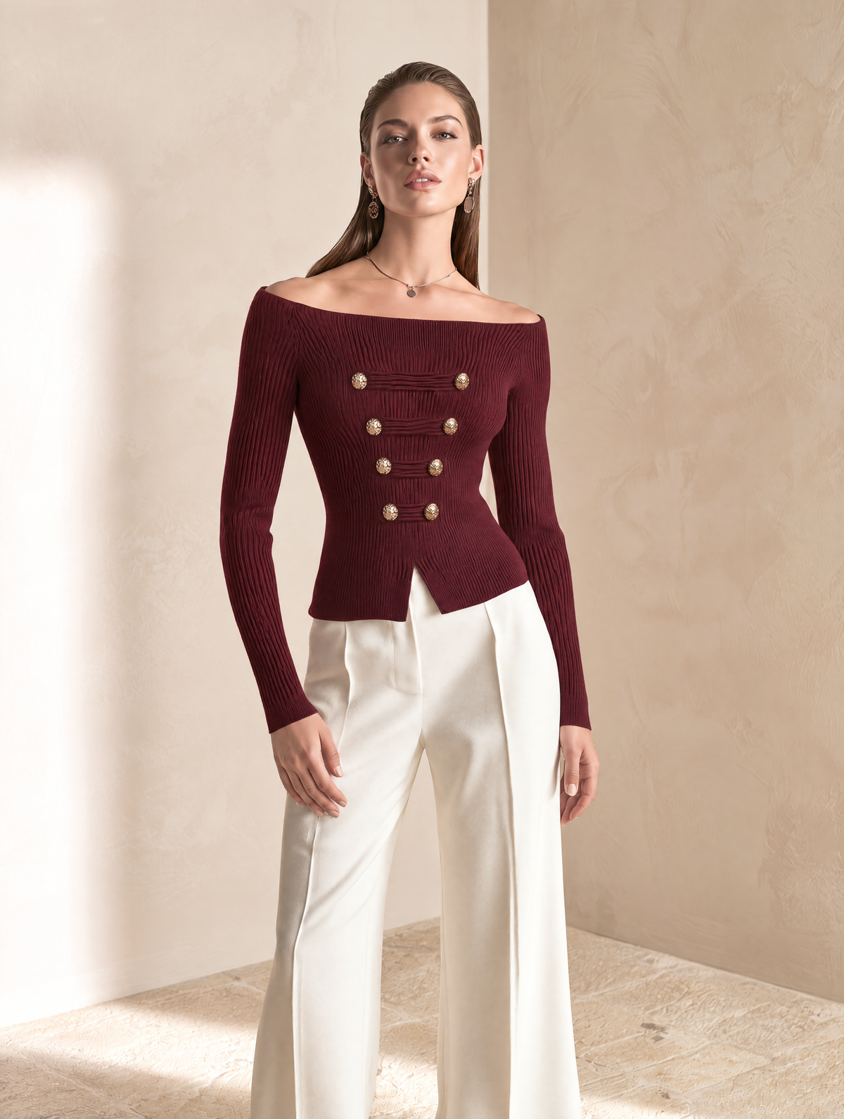 Elegant Burgundy Metal-Tab Wool-Blend Knit Top