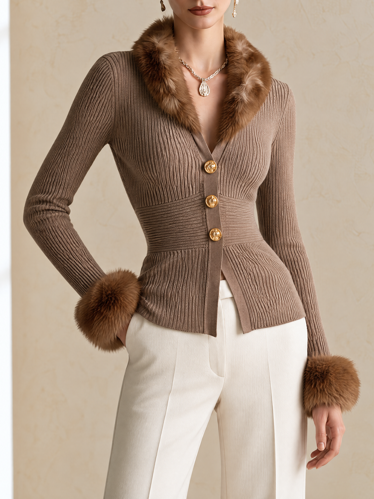 Elegant Taupe Fur-Trim Wool-Blend Knit Cardigan