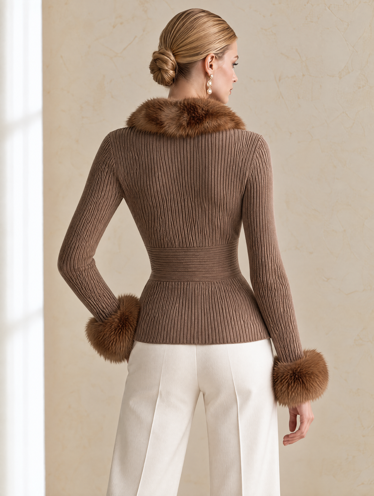 Elegant Taupe Fur-Trim Wool-Blend Knit Cardigan
