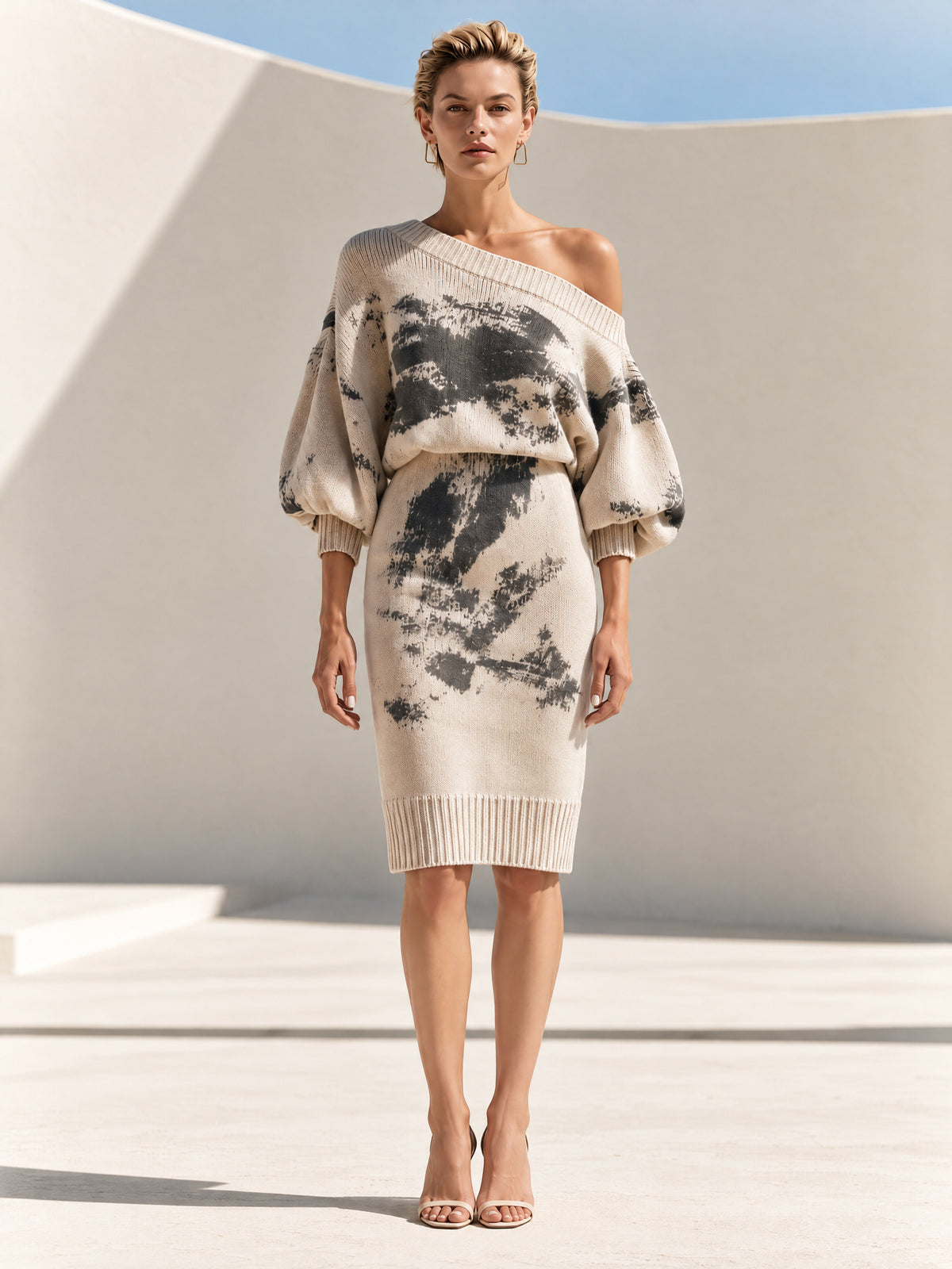 Cream Abstract Print Off-Shoulder Knit Midi Dress With Balloon Sleeves