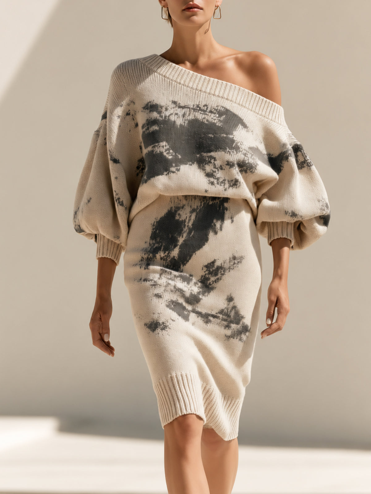 Cream Abstract Print Off-Shoulder Knit Midi Dress With Balloon Sleeves