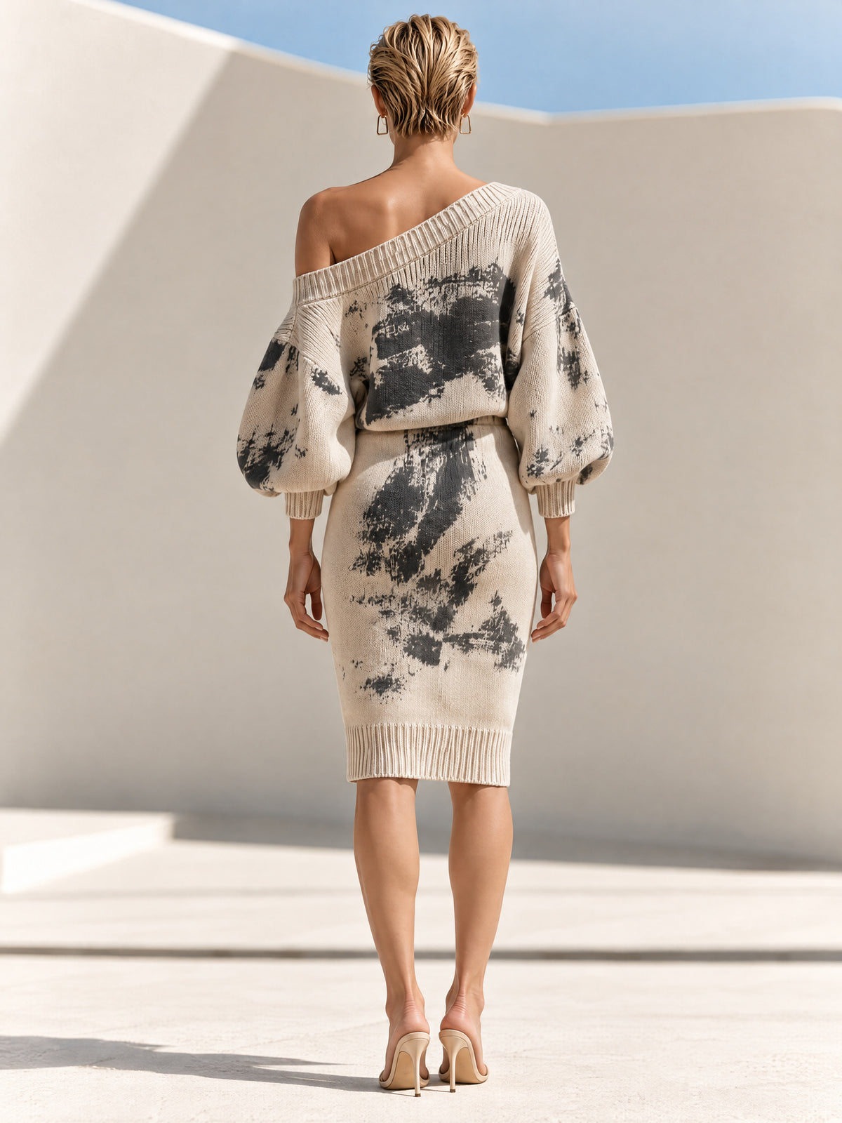 Cream Abstract Print Off-Shoulder Knit Midi Dress With Balloon Sleeves