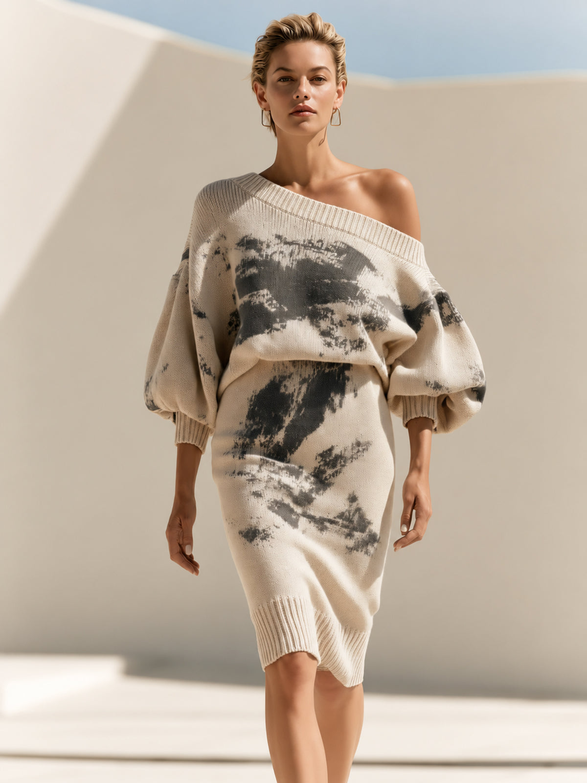 Cream Abstract Print Off-Shoulder Knit Midi Dress With Balloon Sleeves