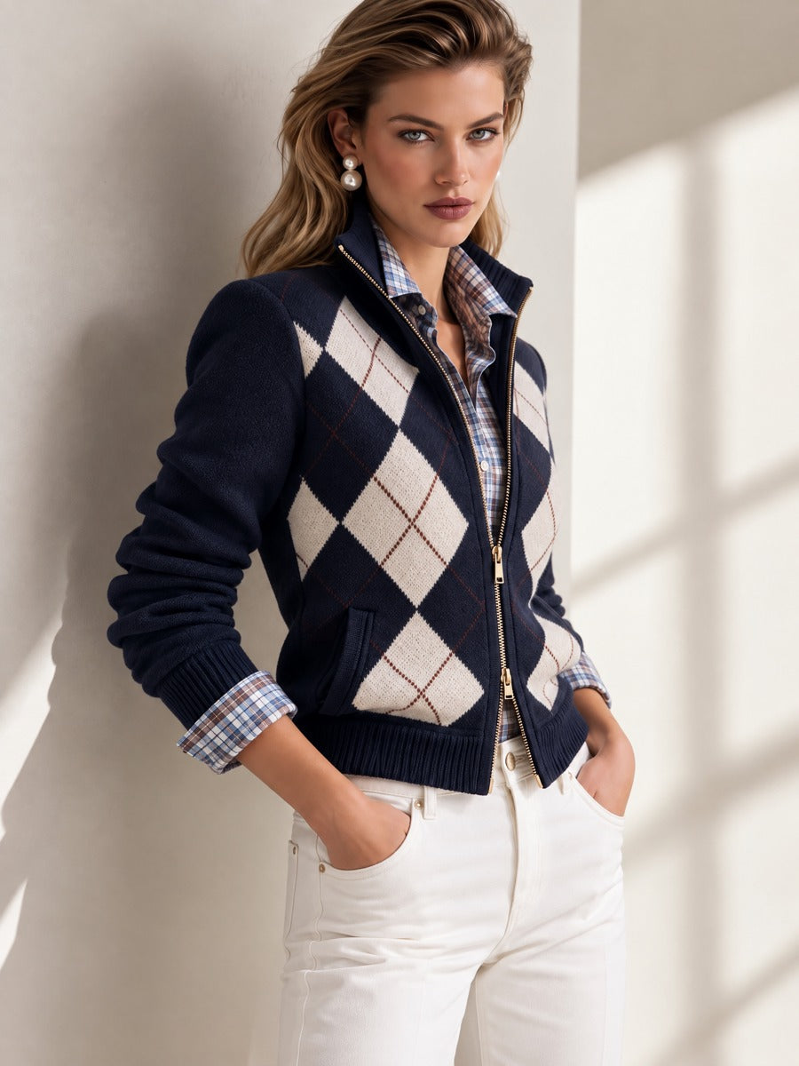 Navy Argyle Stand Collar Zip Cropped Knit Cardigan
