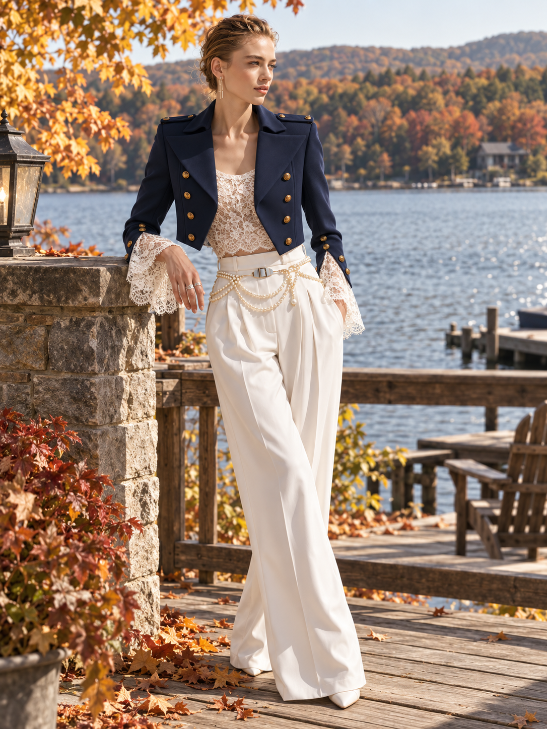 Navy Cropped Military Jacket With Gold Buttons And Epaulettes
