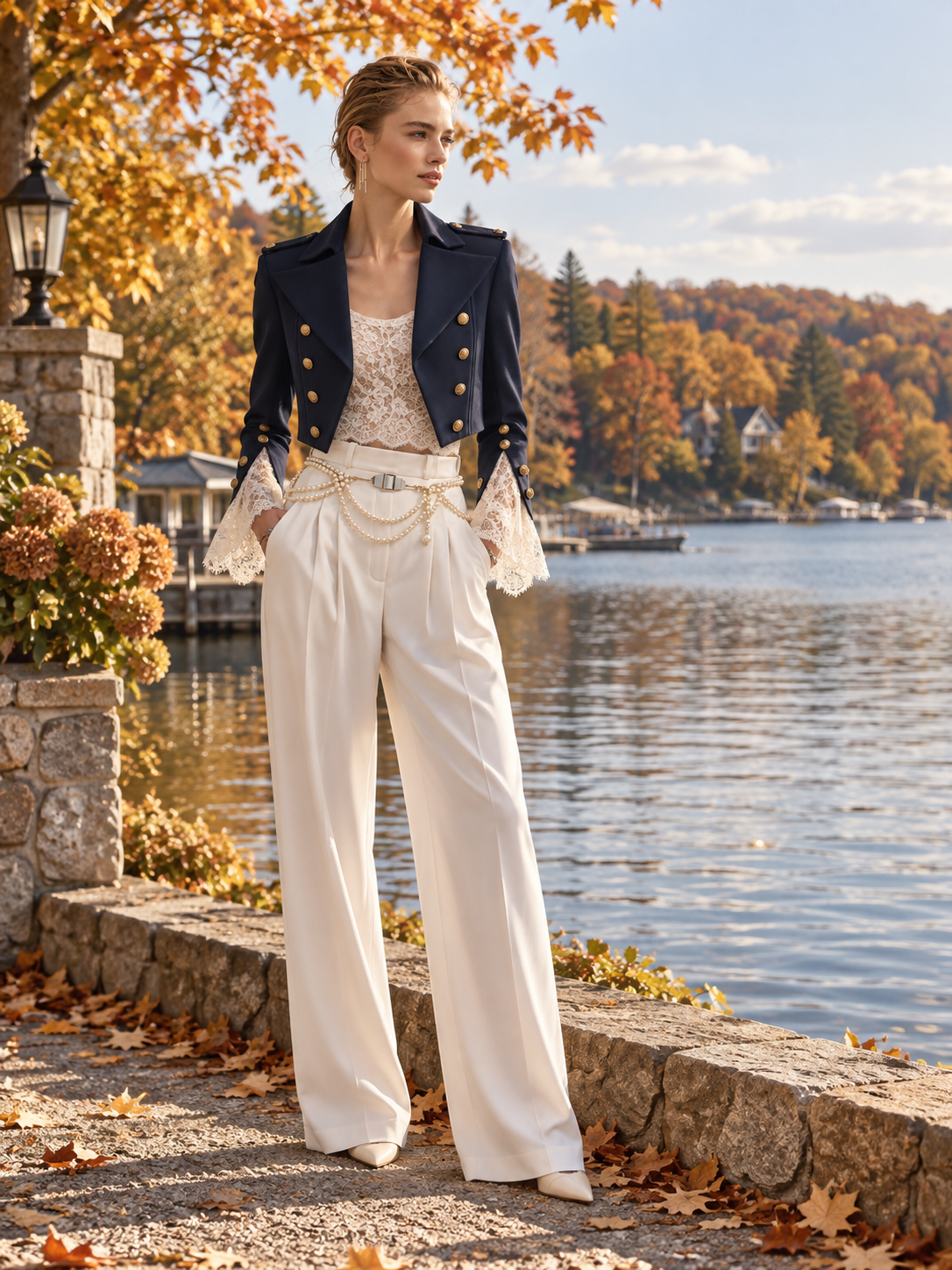 Navy Cropped Military Jacket With Gold Buttons And Epaulettes