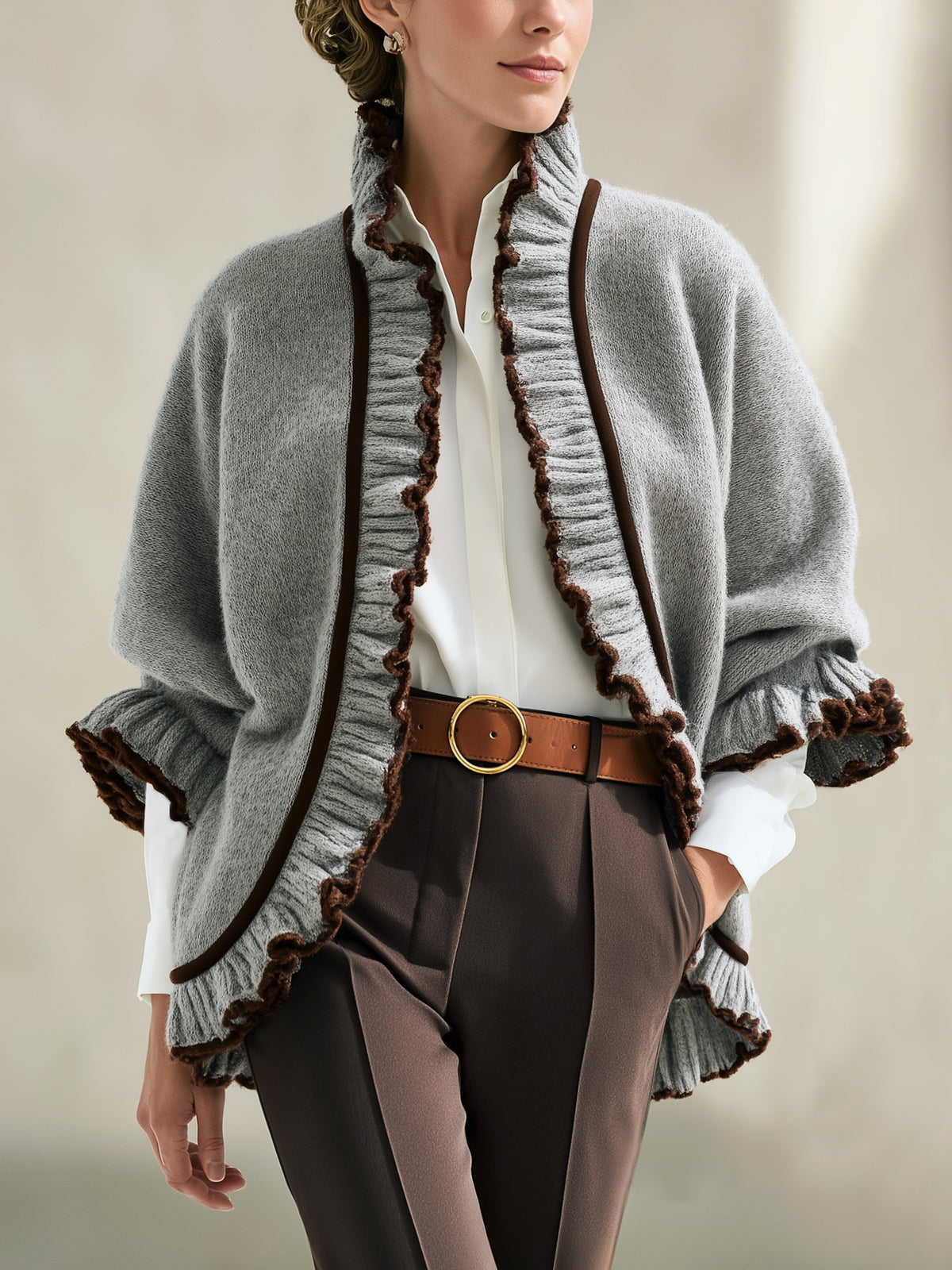 Ruffled Trim Knit Poncho Cardigan