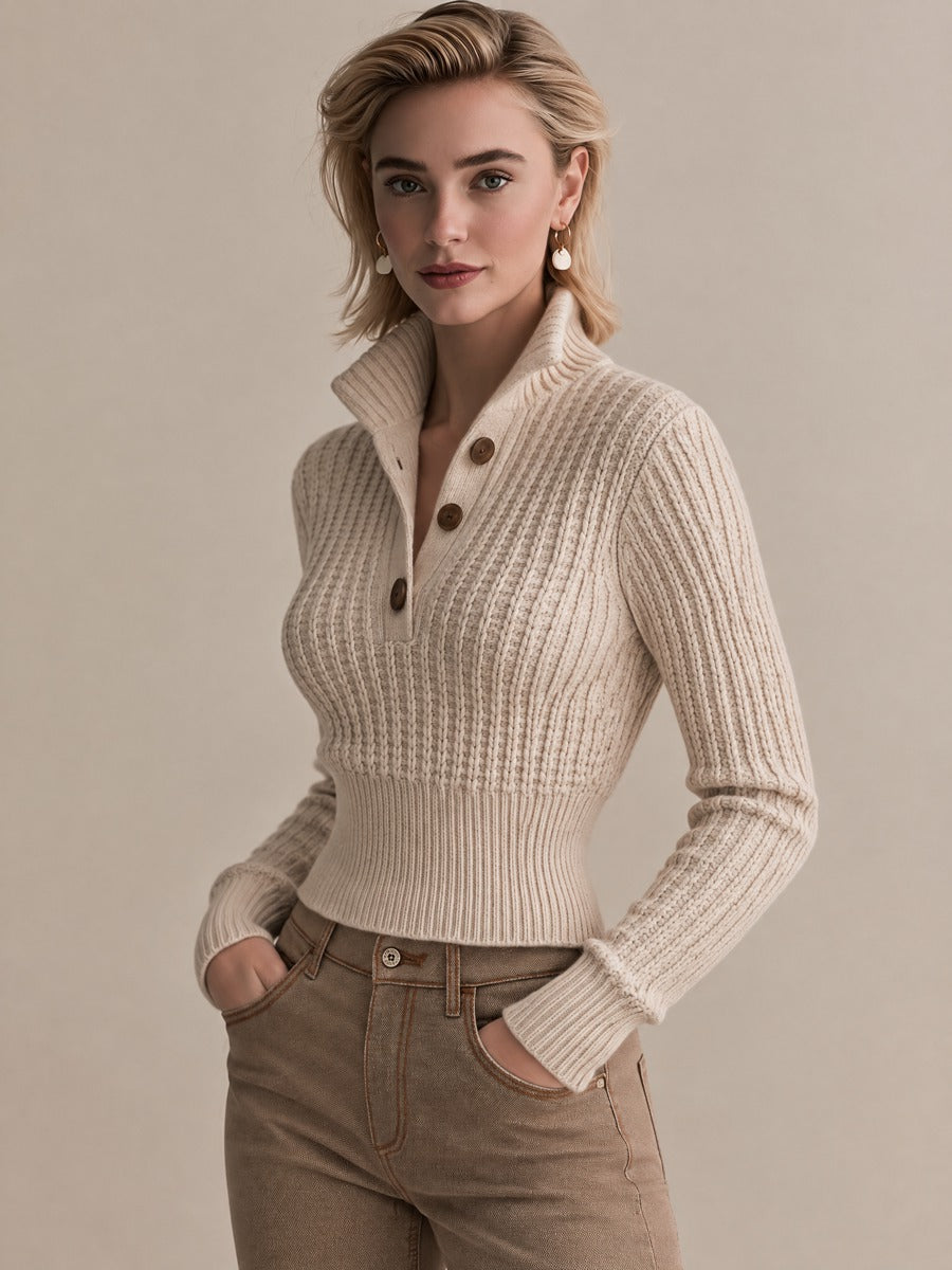 Oatmeal Half-Zip Collar Vertical Rib Waist Knit Sweater