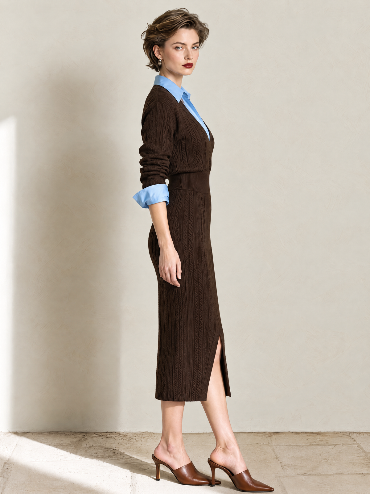 Elegant Brown & Blue Layered Wool-Blend Knit Dress