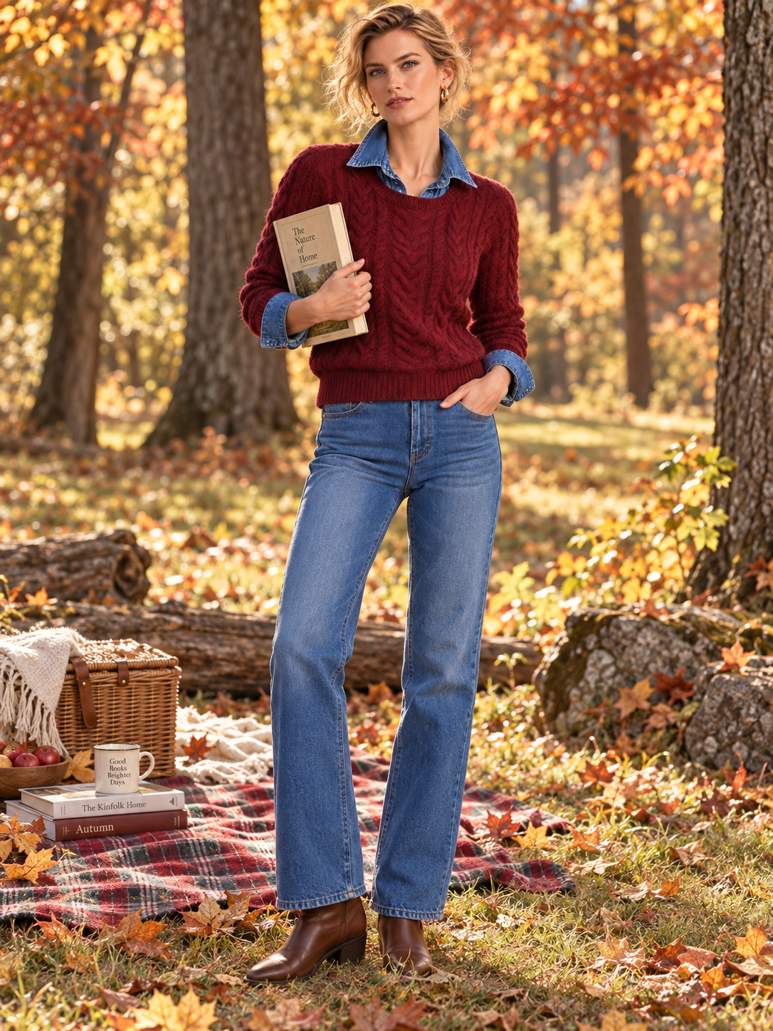 Burgundy Cable Knit Crewneck Sweater With Ribbed Trim