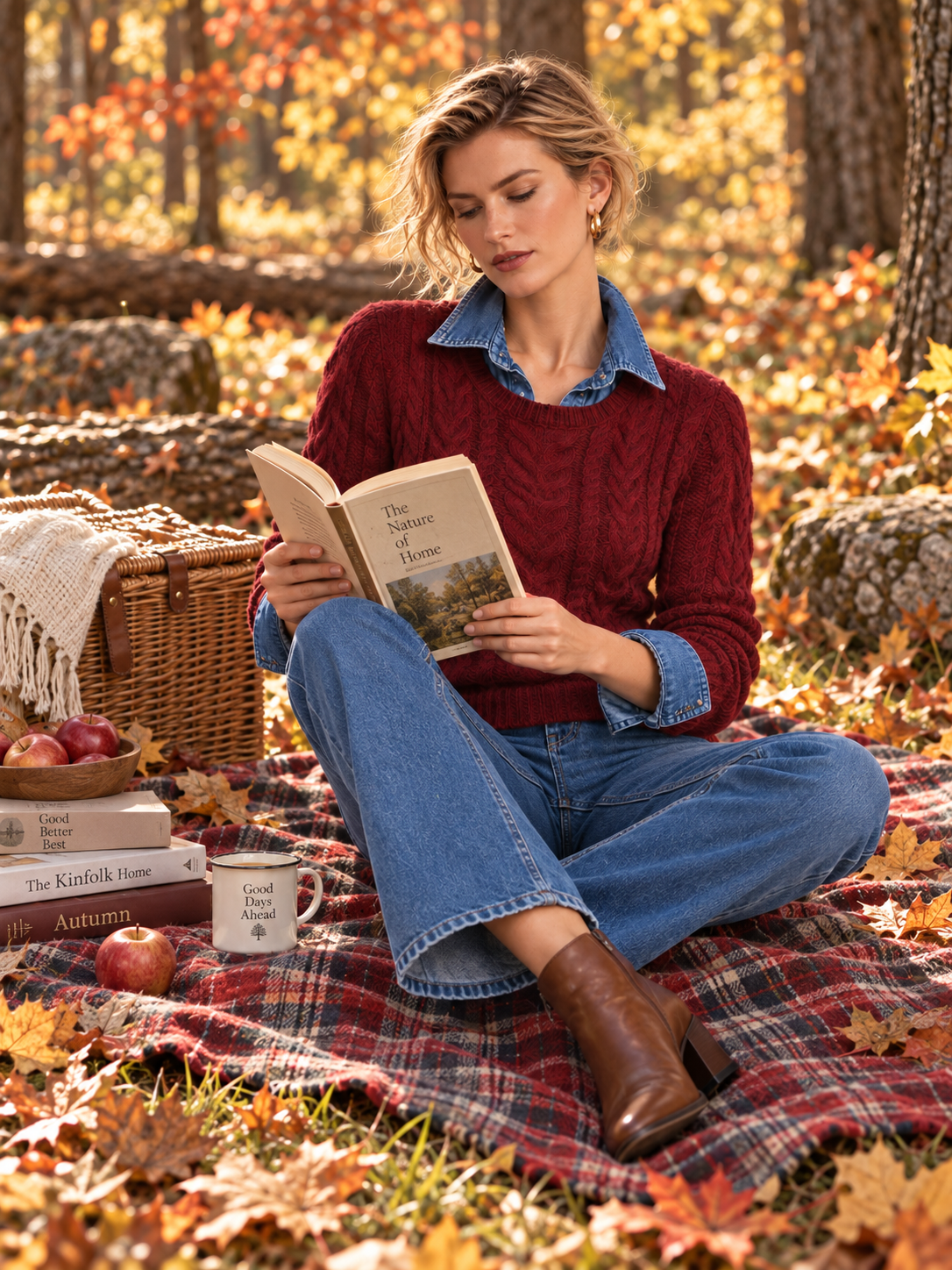 Burgundy Cable Knit Crewneck Sweater With Ribbed Trim