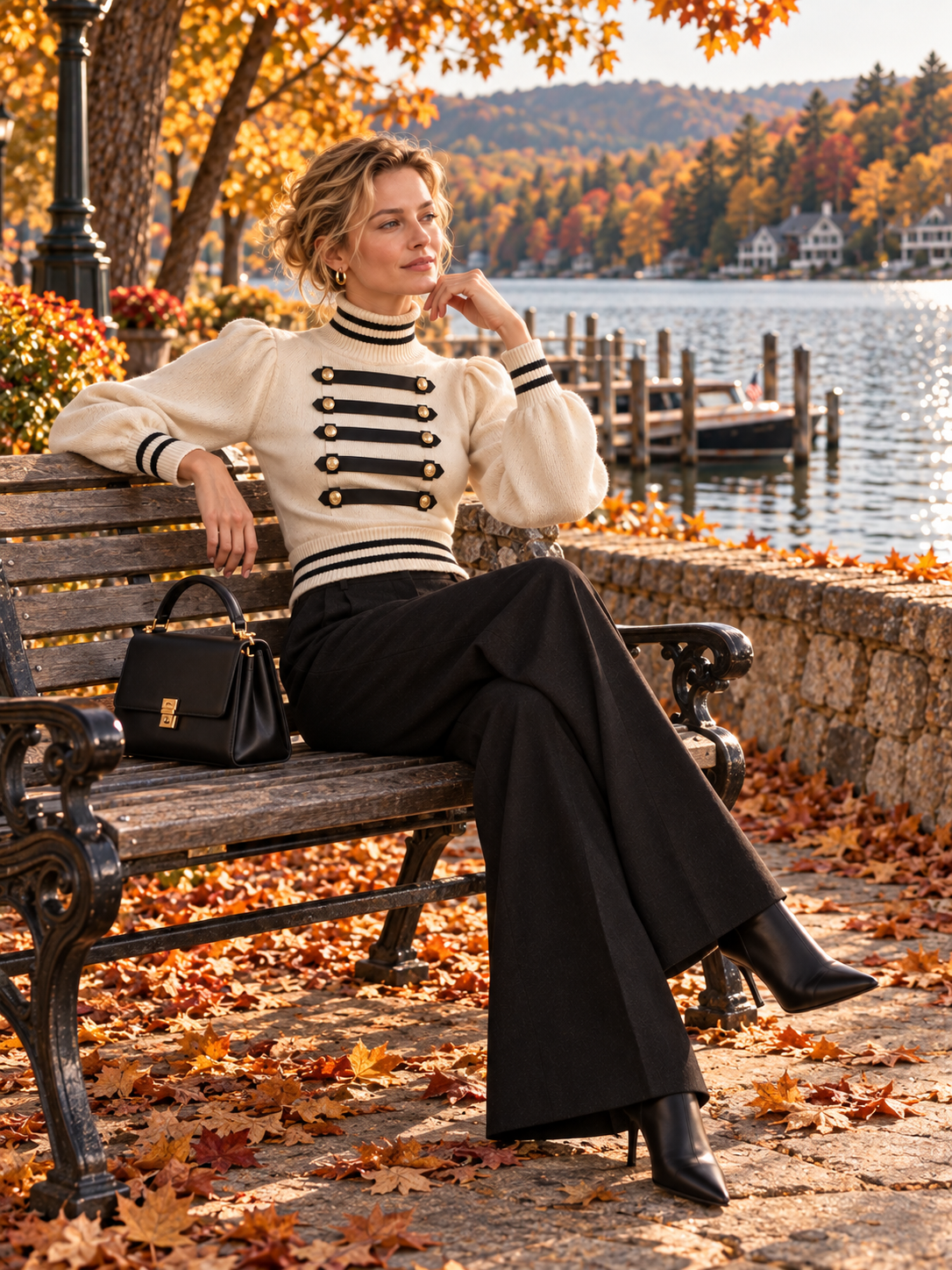 Cream Military Turtleneck Sweater With Gold Button Contrast Trim