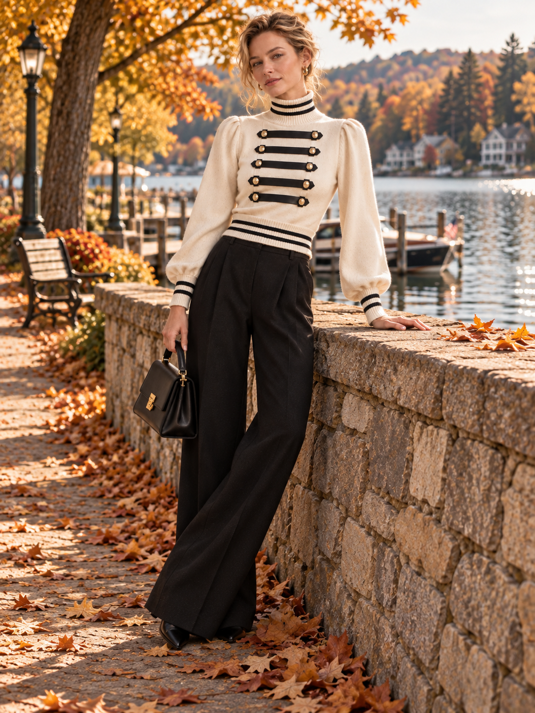 Cream Military Turtleneck Sweater With Gold Button Contrast Trim