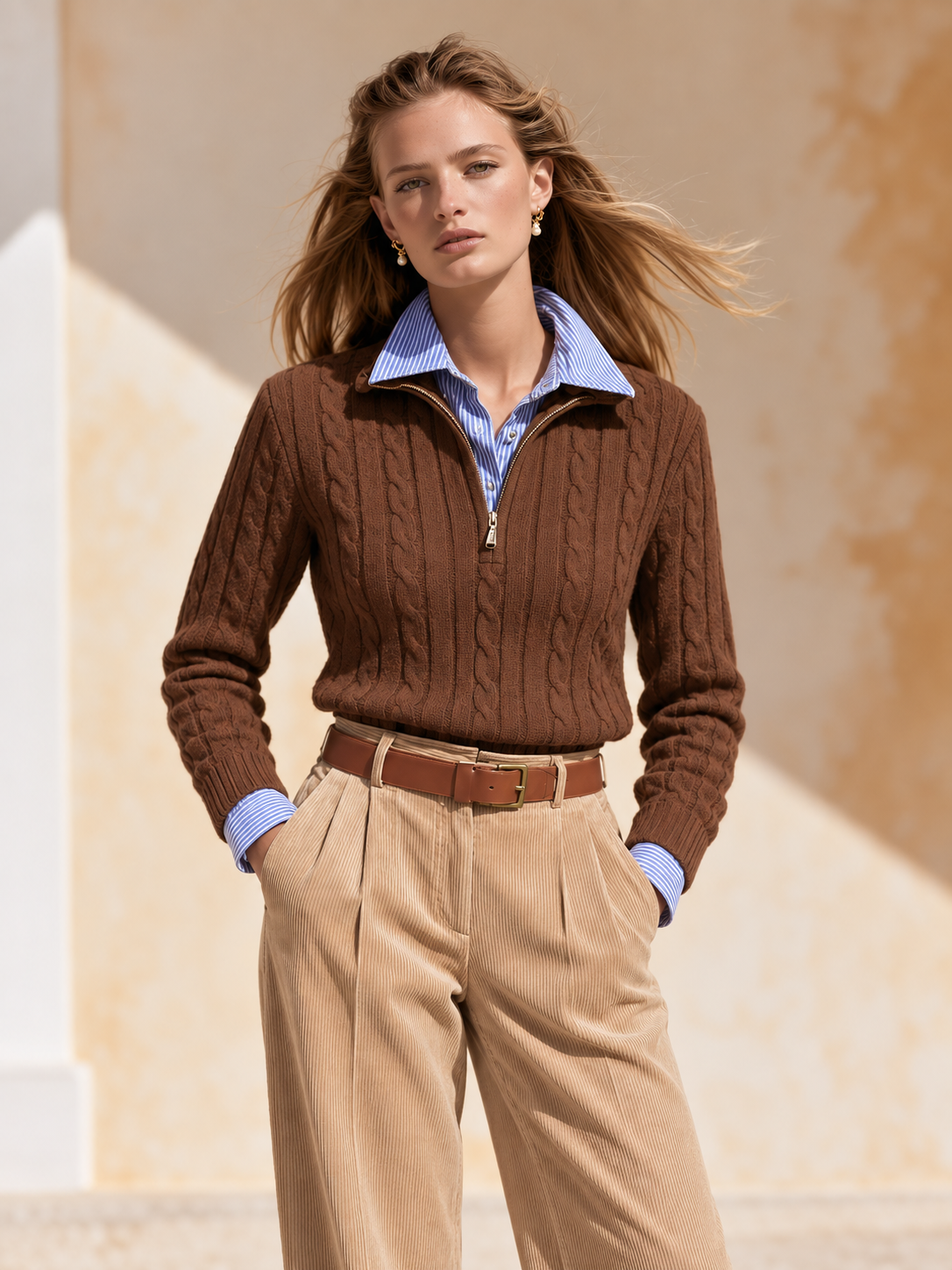 Brown Cable Knit Half-Zip Sweater With Stand Collar
