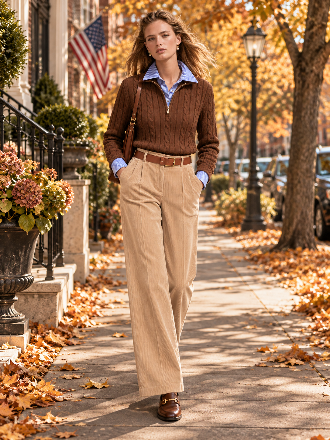Brown Cable Knit Half-Zip Sweater With Stand Collar