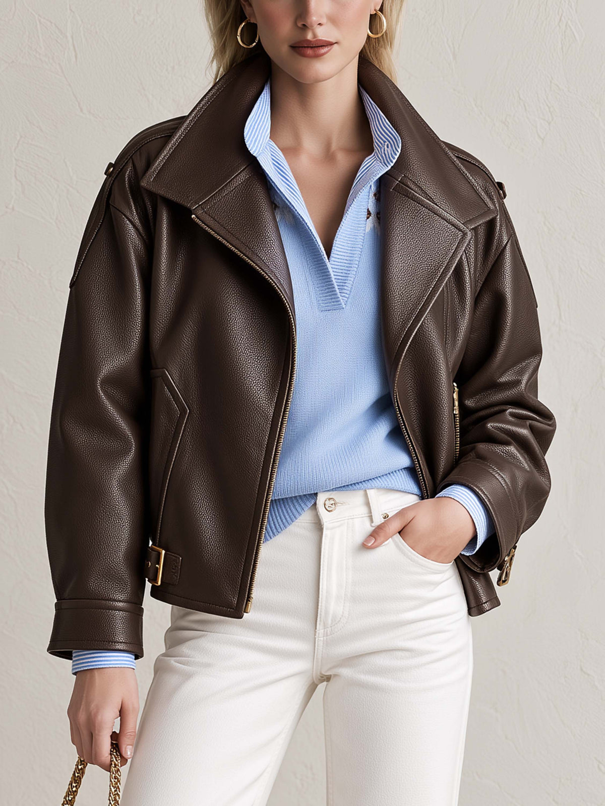 Dark Brown Lapel Buckle Cropped Faux Leather Jacket