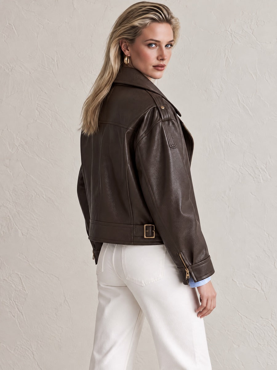 Dark Brown Lapel Buckle Cropped Faux Leather Jacket
