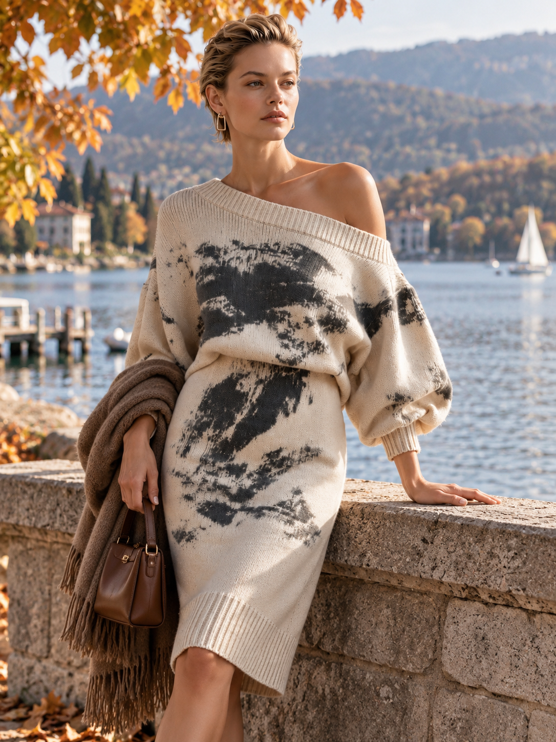 Cream Abstract Print Off-Shoulder Knit Midi Dress With Balloon Sleeves