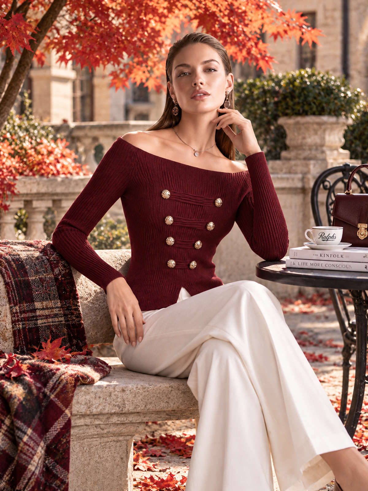 Elegant Burgundy Metal-Tab Wool-Blend Knit Top