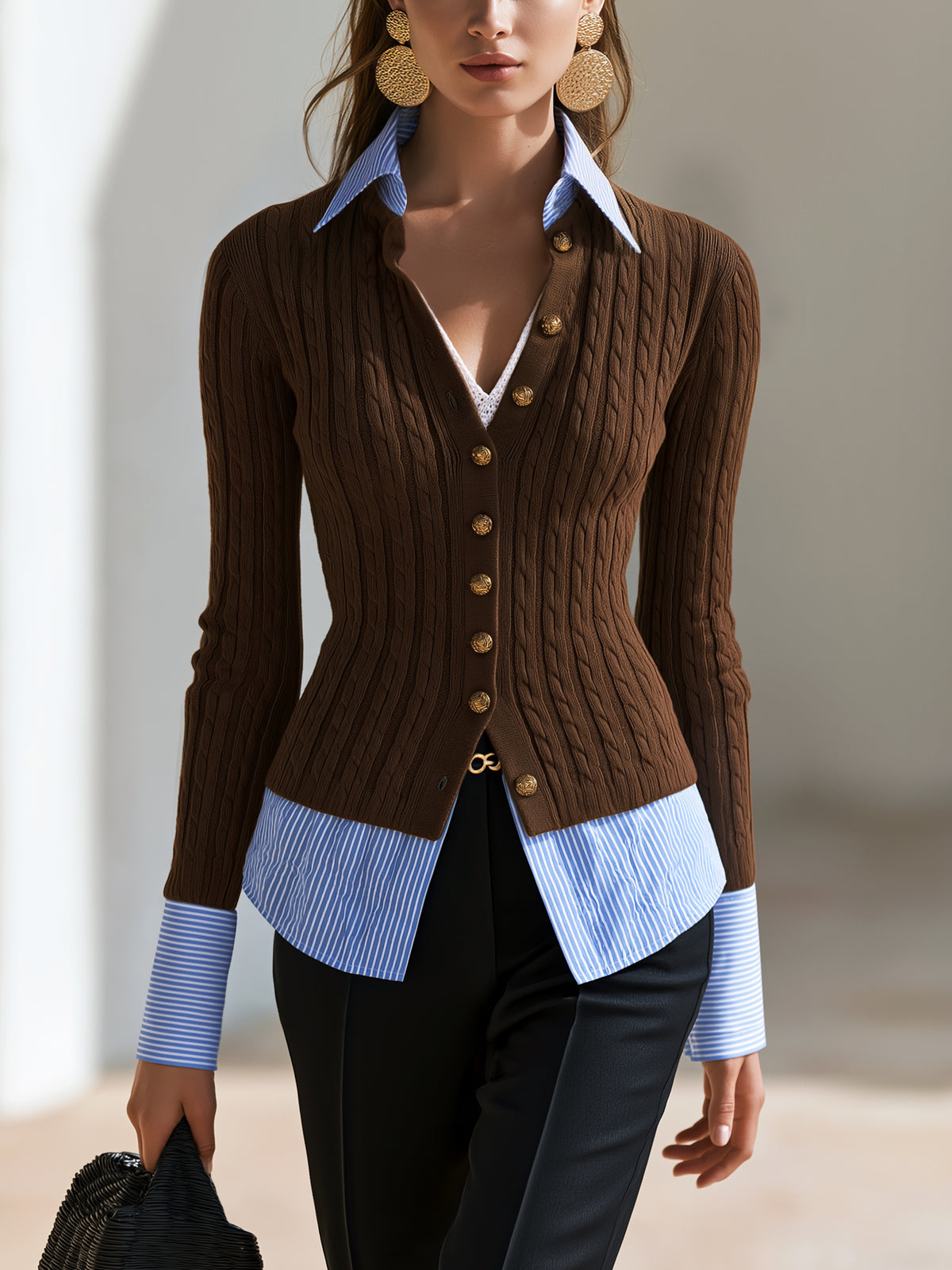 Cable Knit Wool Blend Faux Two-Piece Cardigan