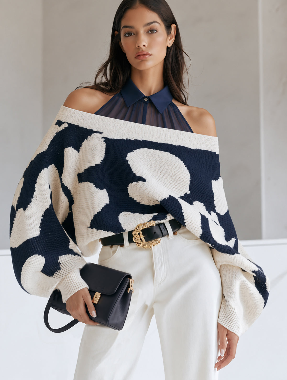 Off-the-shoulder Halter Neck Sweater In Beige And Navy Blue Color Blocking