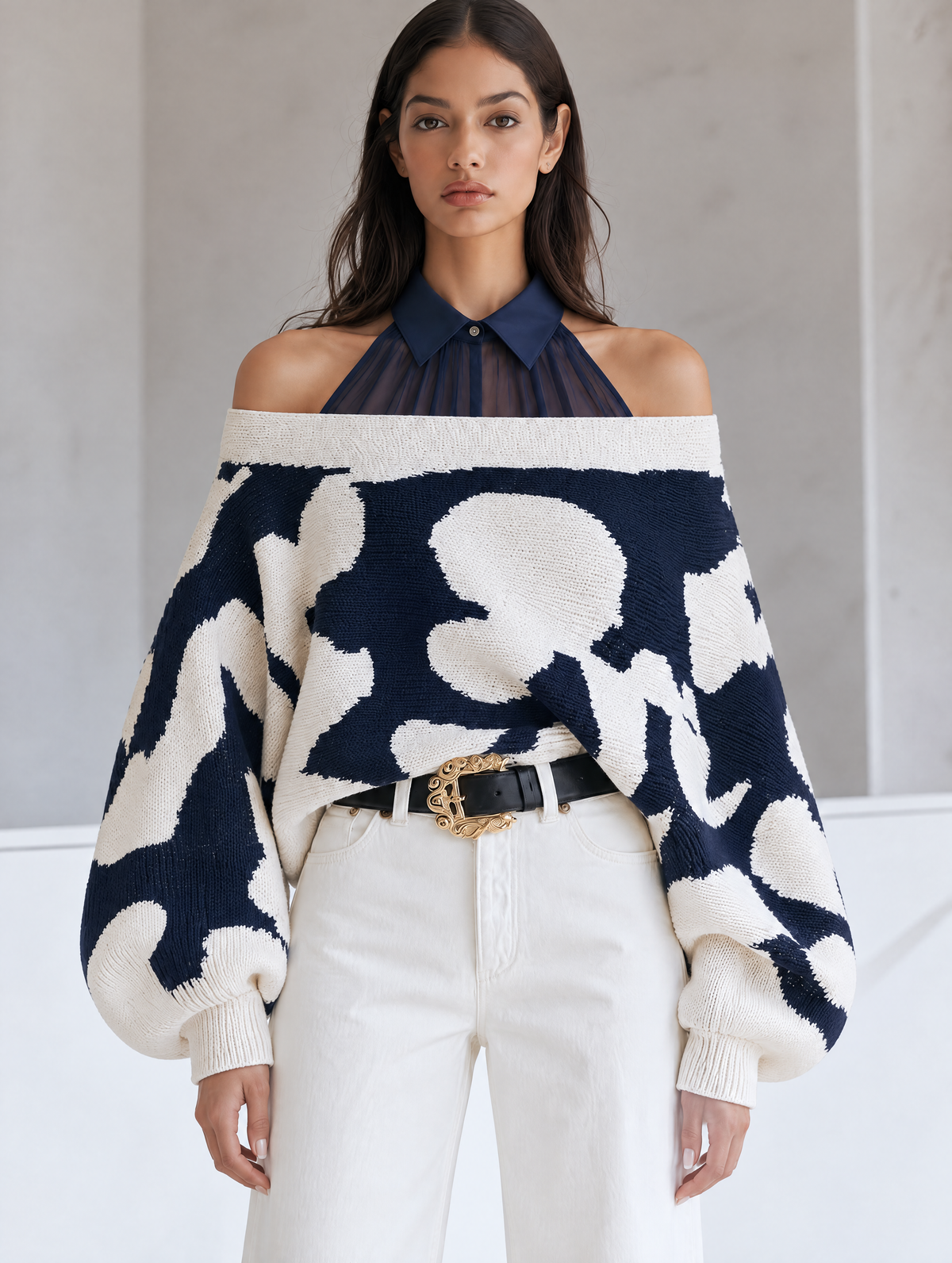 Off-the-shoulder Halter Neck Sweater In Beige And Navy Blue Color Blocking
