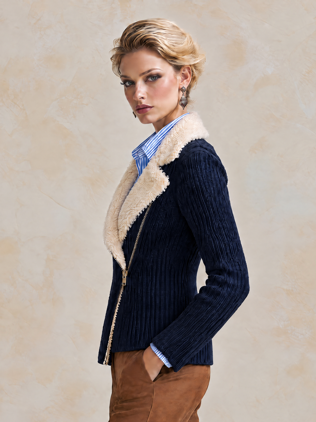 Elegant Navy Shearling-Collar Wool Knit Cardigan