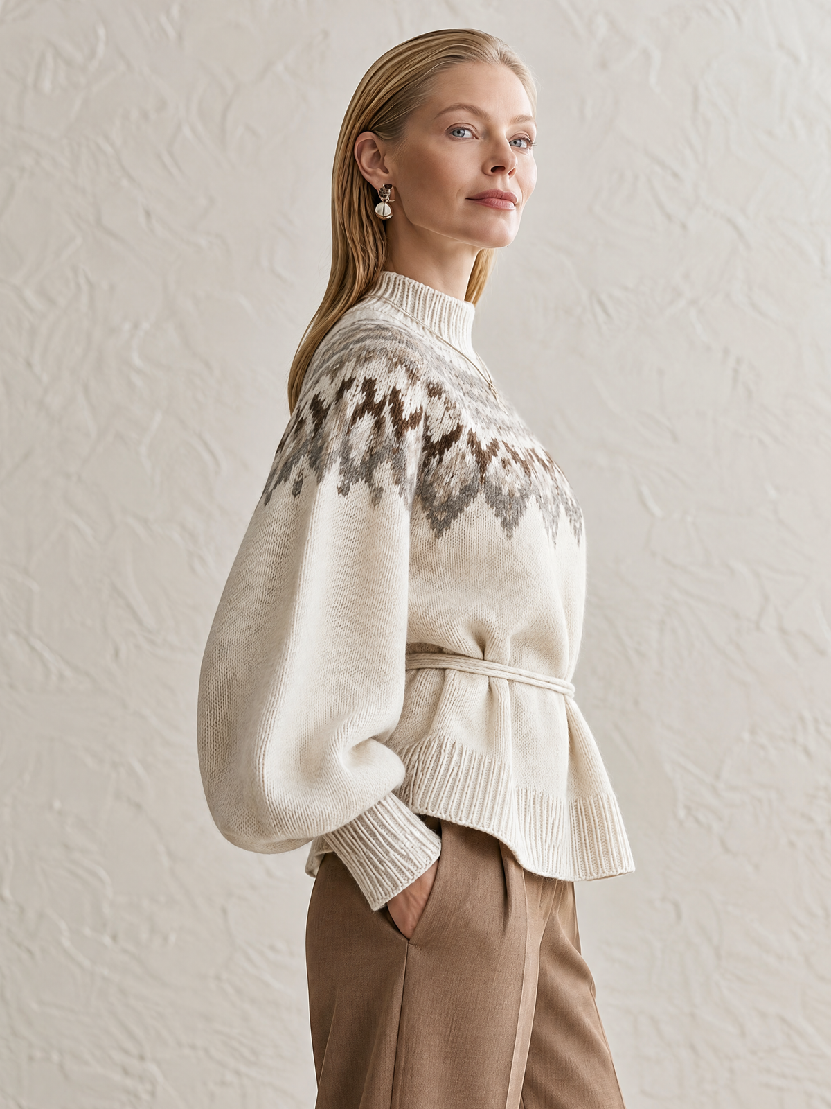 Elegant Ivory & Taupe Fair Isle Wool Knit Sweater