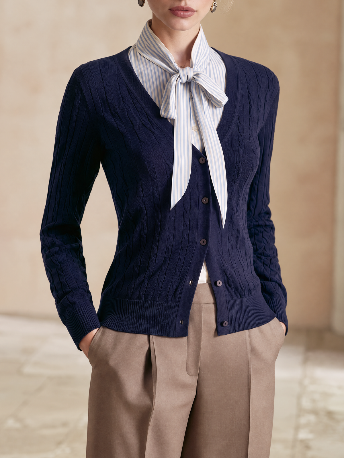 Elegant Navy Striped Bow-Collar Wool-Blend Knit Cardigan