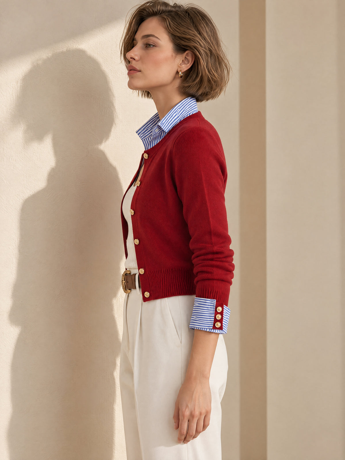 Red Cropped Knit Cardigan With A Blue-and-white Striped Collar