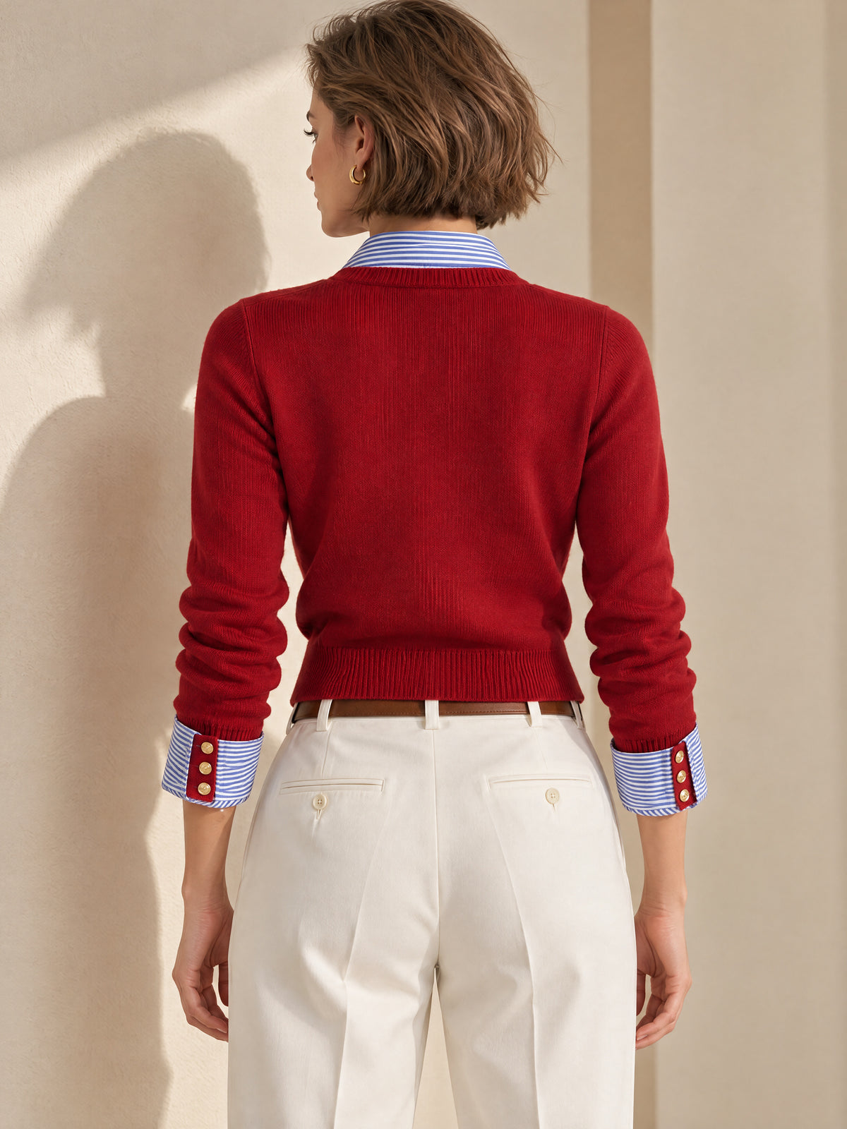 Red Cropped Knit Cardigan With A Blue-and-white Striped Collar