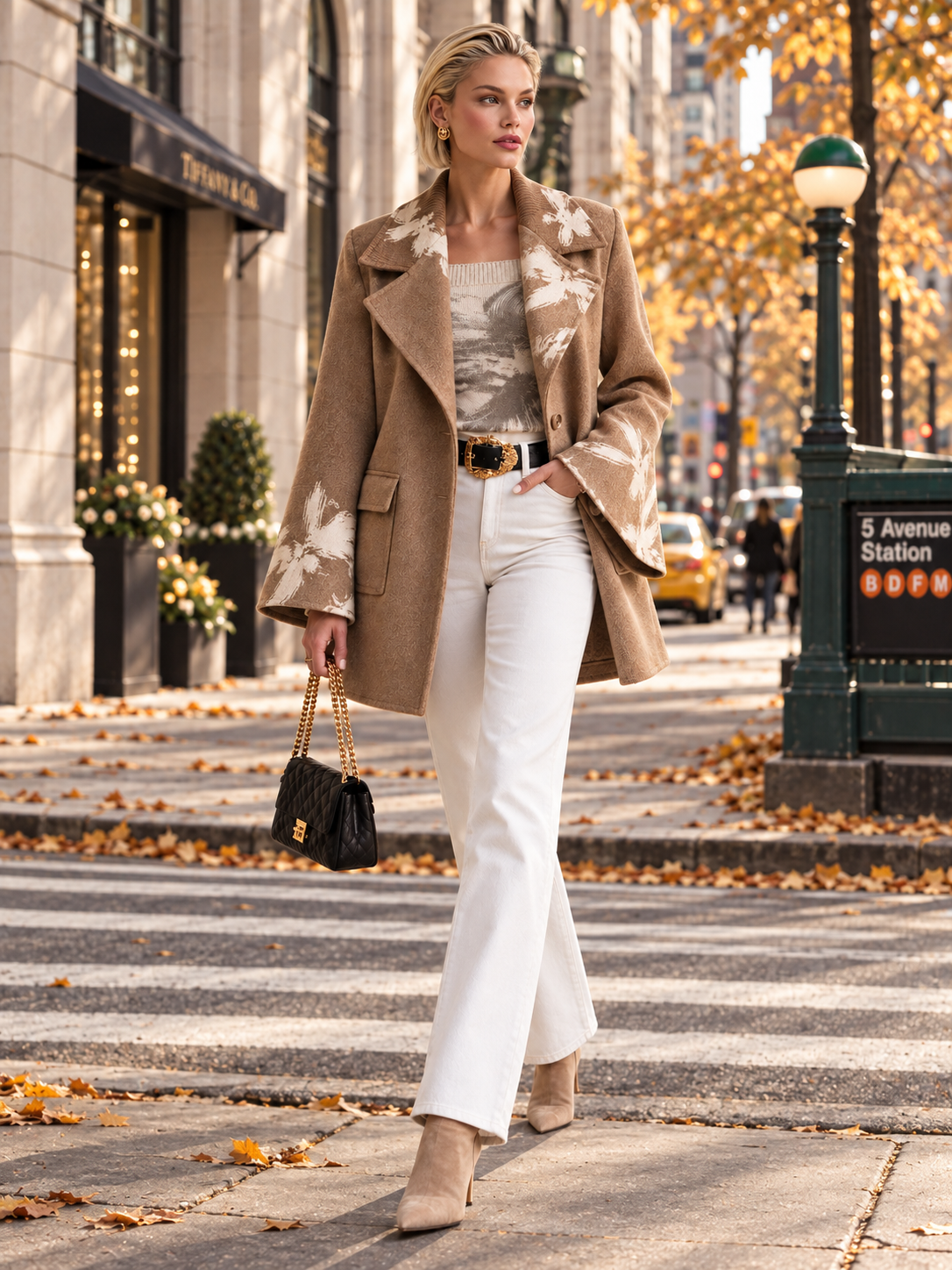 Camel Floral Print Wool-Blend Coat With Oversized Notched Lapels