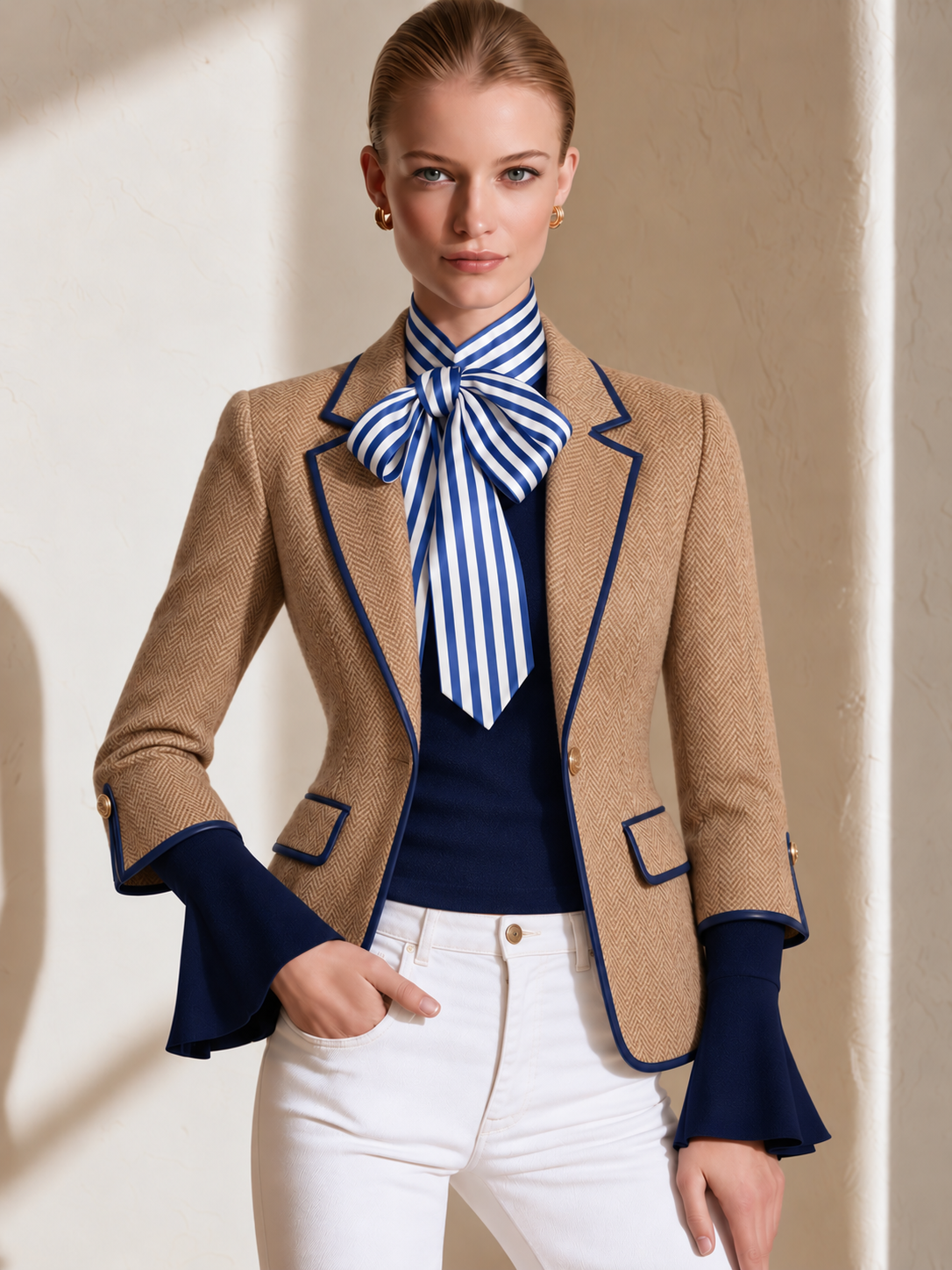 Camel Herringbone Blazer With Navy Contrast Piping And Gold Buttons
