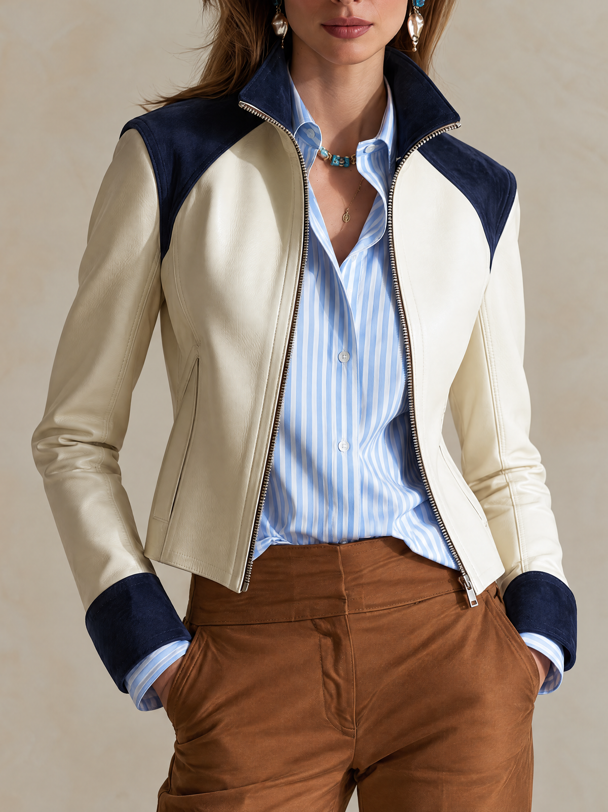 Elegant Ivory & Navy Contrast Leather Jacket