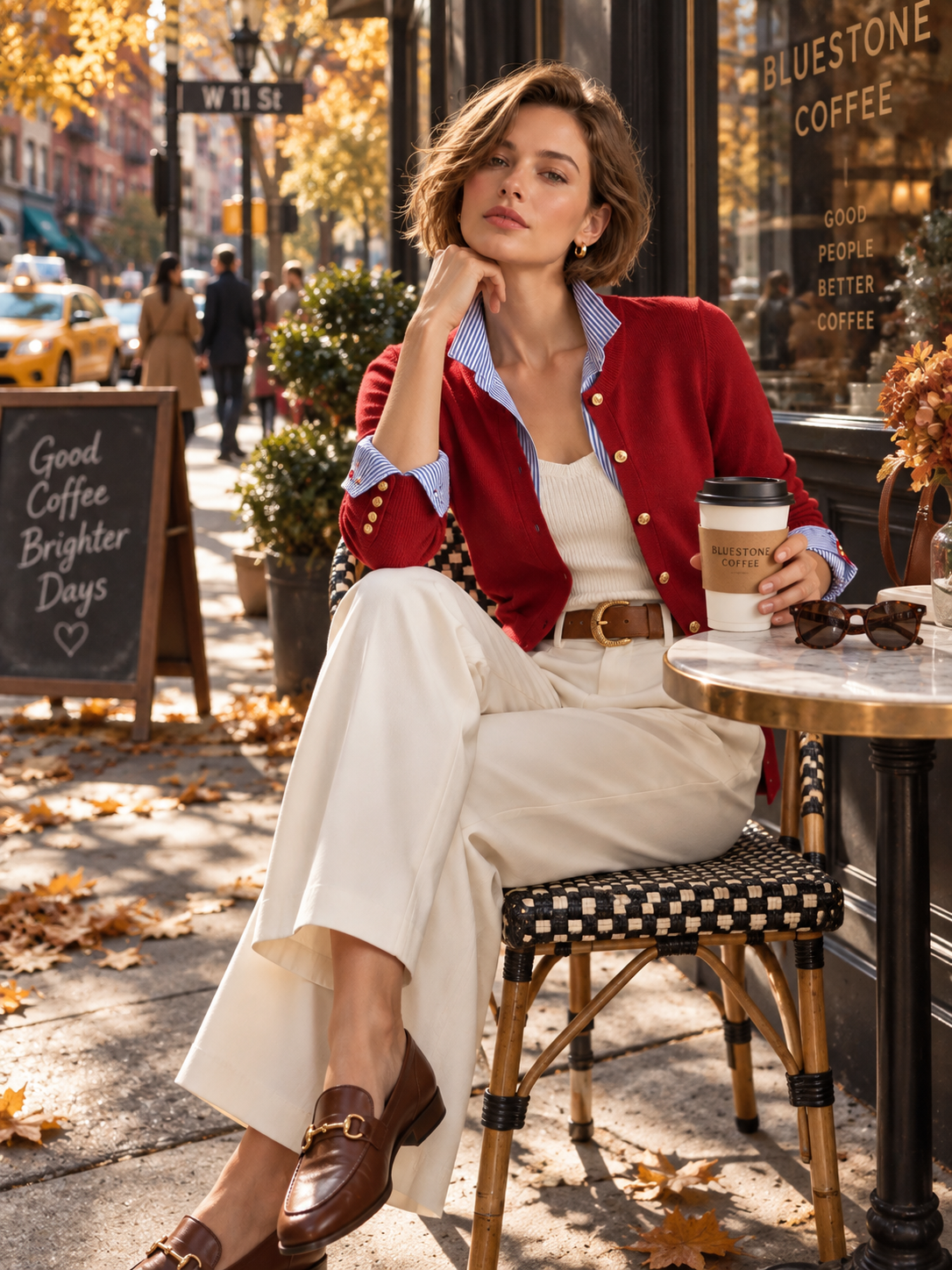 Red Cropped Knit Cardigan With A Blue-and-white Striped Collar