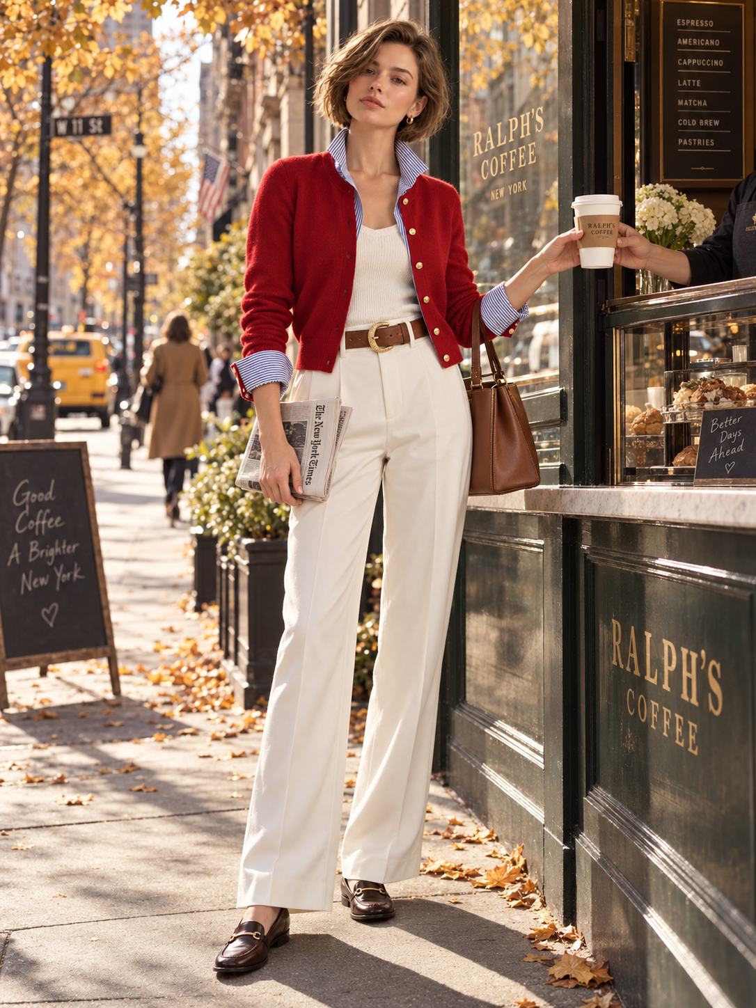 Red Cropped Knit Cardigan With A Blue-and-white Striped Collar